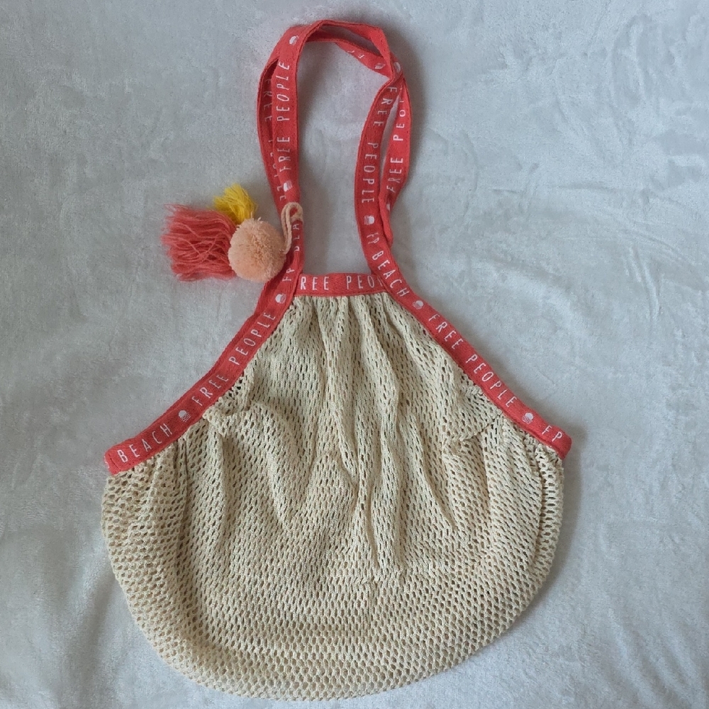 Free People Tan Mesh Tote with Red Straps